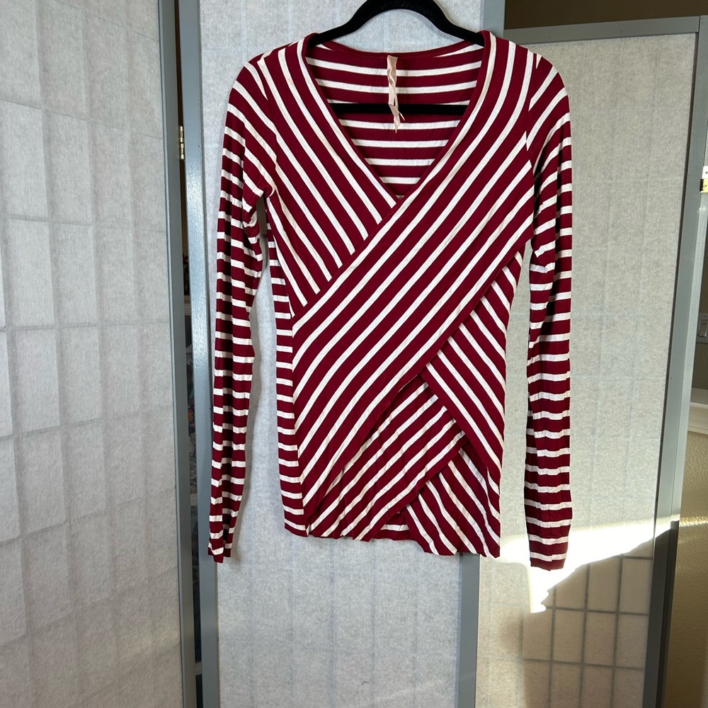 Anthropologie Bailey44 maroon and white striped long sleeved V-neck top - Picture 1 of 4